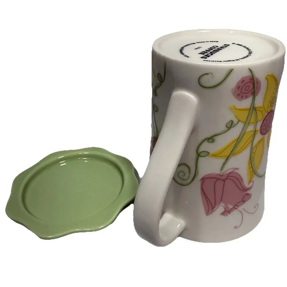 Starbucks Coffee Mug 2006 Floral 13 oz w/ Green Lid Steep Rest EUC‎